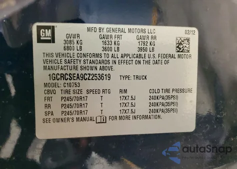 2012 Chevrolet Silverado C1500 Lt z USA, uszkodzony, nr VIN 1GCRCSEA9CZ253619